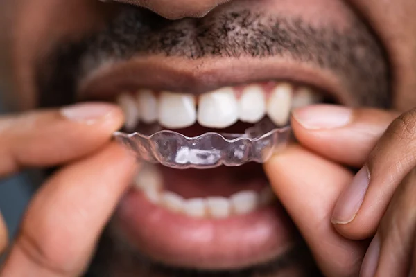 Close-up of a patient fitting a clear aligner over his teeth